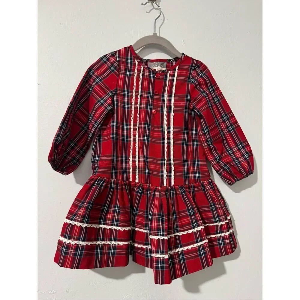 Pippa & Julie plaid dress white trim little girl dress 3T